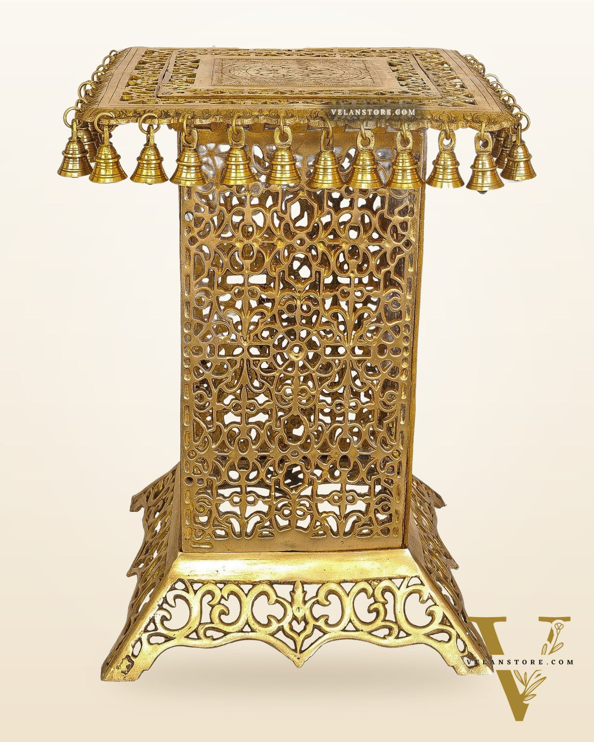 Brass Tall Chowki | Brass Chowki Stand with bells | 21"