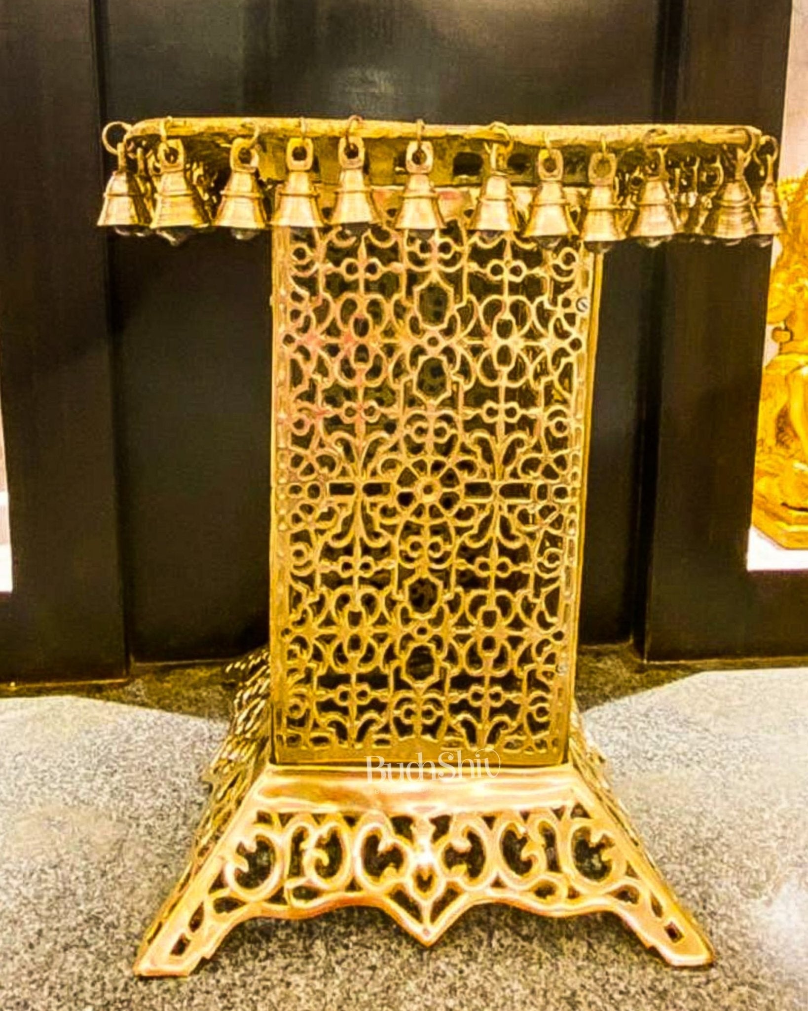 Brass Tall Chowki | Brass Chowki Stand with bells | 21"