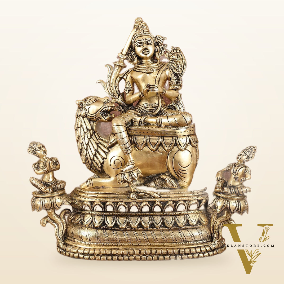 Brass Tara Devi Seated on a Lion Idol - Buddhist sculpture 16" | rare find