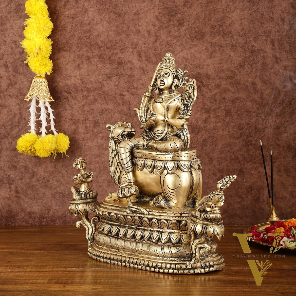 Brass Tara Devi Seated on a Lion Idol - Buddhist sculpture 16" | rare find