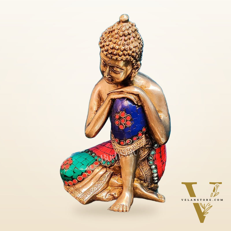 Brass Thinking buddha idol 8"