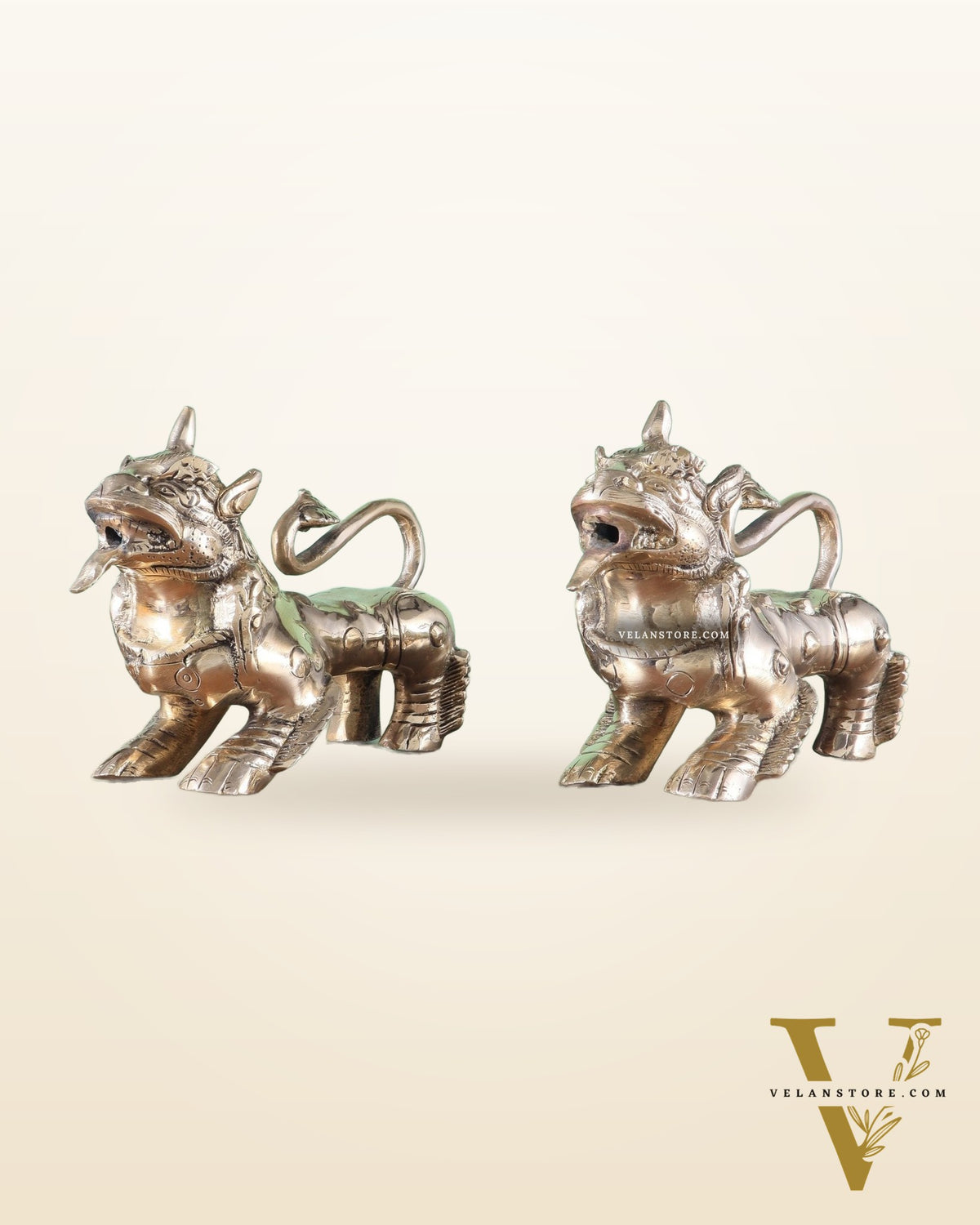 Brass Tibetan Foo Dogs Statue - Glossy Tone (Pair)