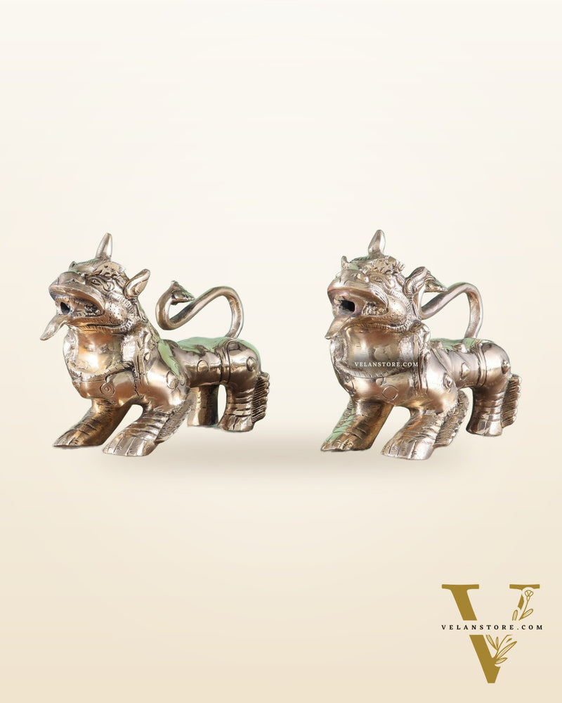 Brass Tibetan Foo Dogs Statue - Glossy Tone (Pair)