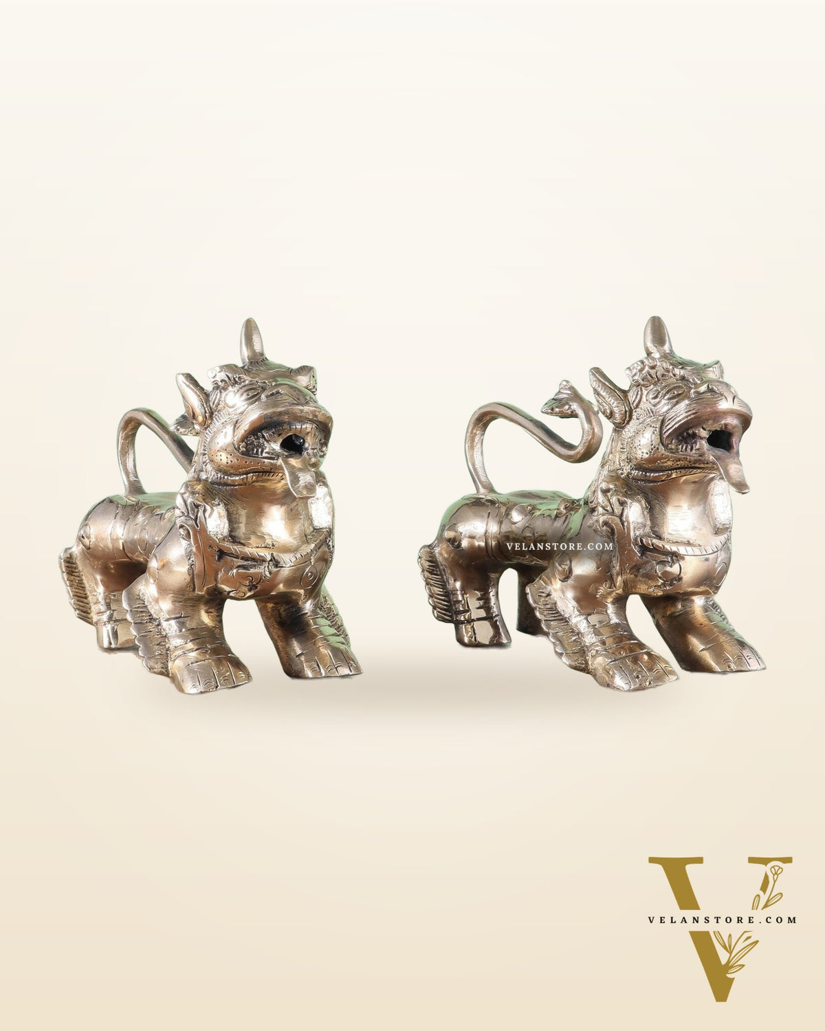 Brass Tibetan Foo Dogs Statue - Glossy Tone (Pair)