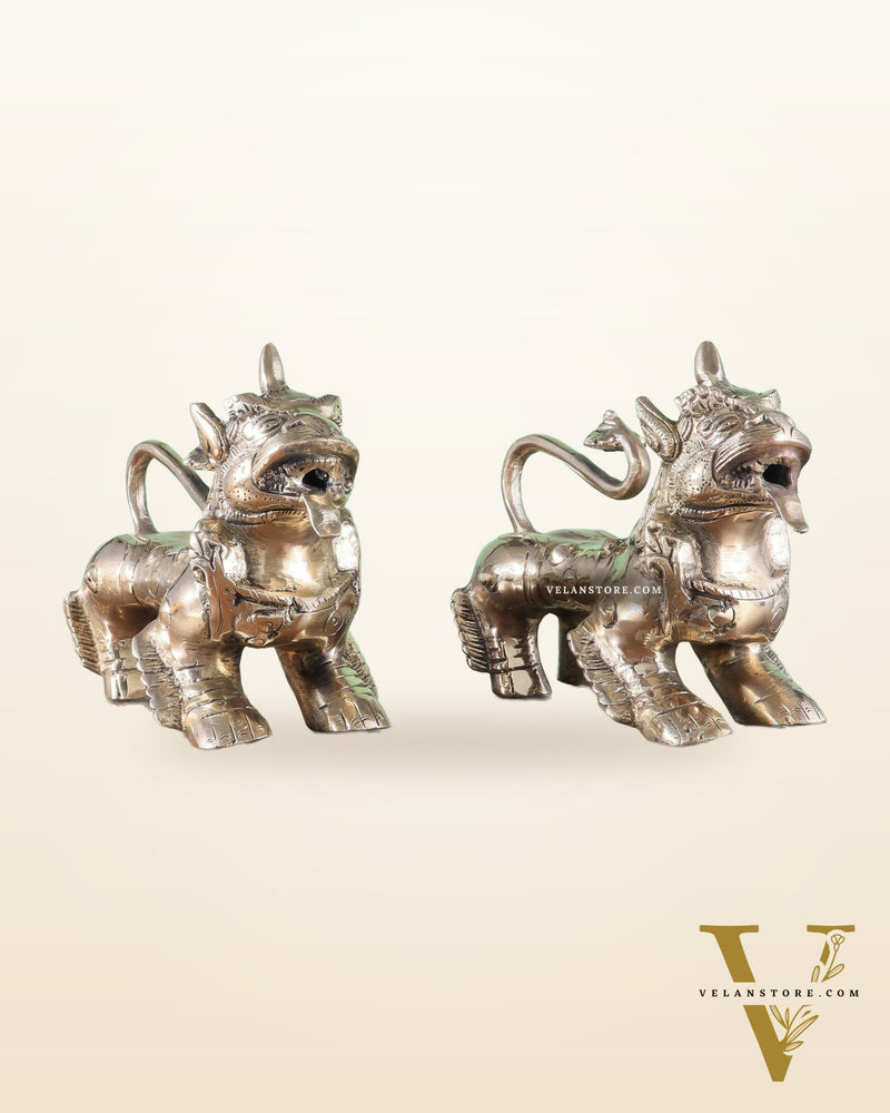 Brass Tibetan Foo Dogs Statue - Glossy Tone (Pair)