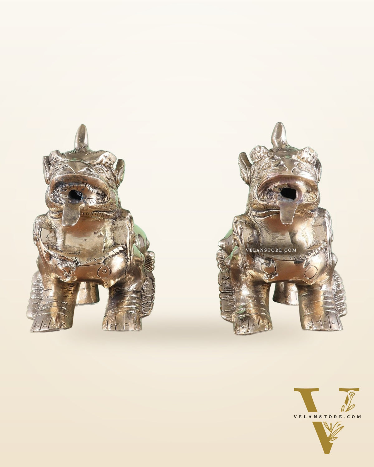 Brass Tibetan Foo Dogs Statue - Glossy Tone (Pair)