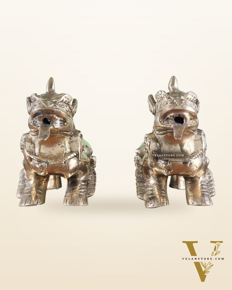 Brass Tibetan Foo Dogs Statue - Glossy Tone (Pair)