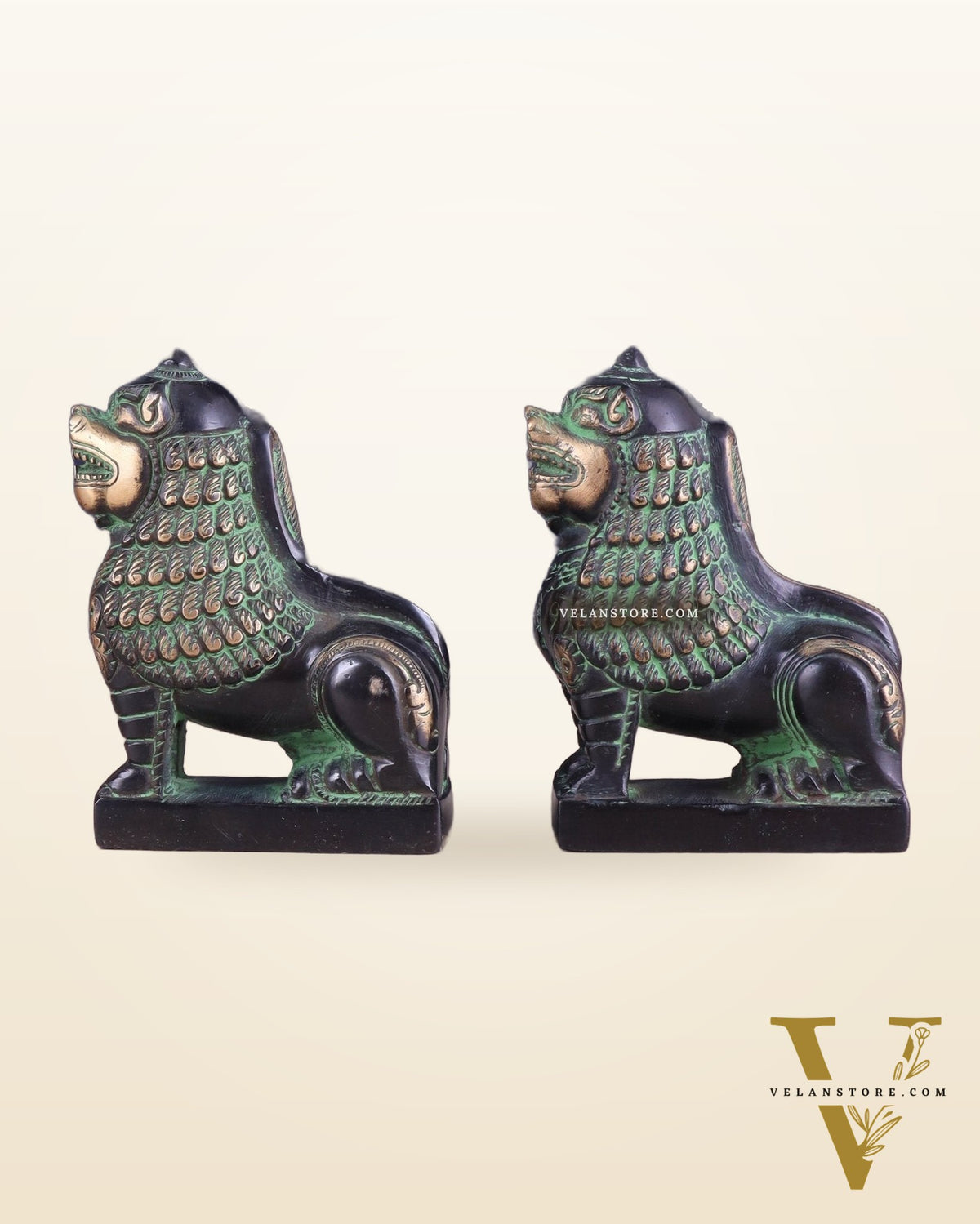 Brass Tibetan Snow Lion Pair – Antique Black & Green Finish