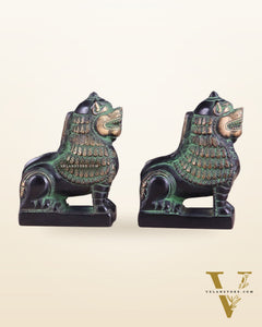 Brass Tibetan Snow Lion Pair – Antique Black & Green Finish