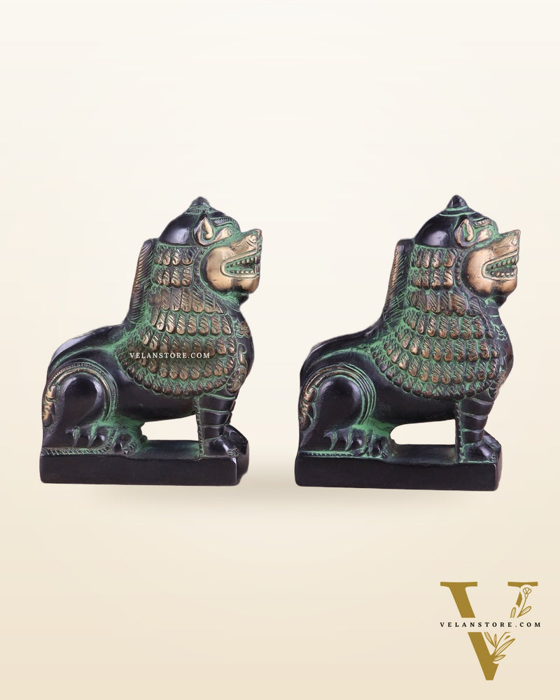 Brass Tibetan Snow Lion Pair – Antique Black & Green Finish