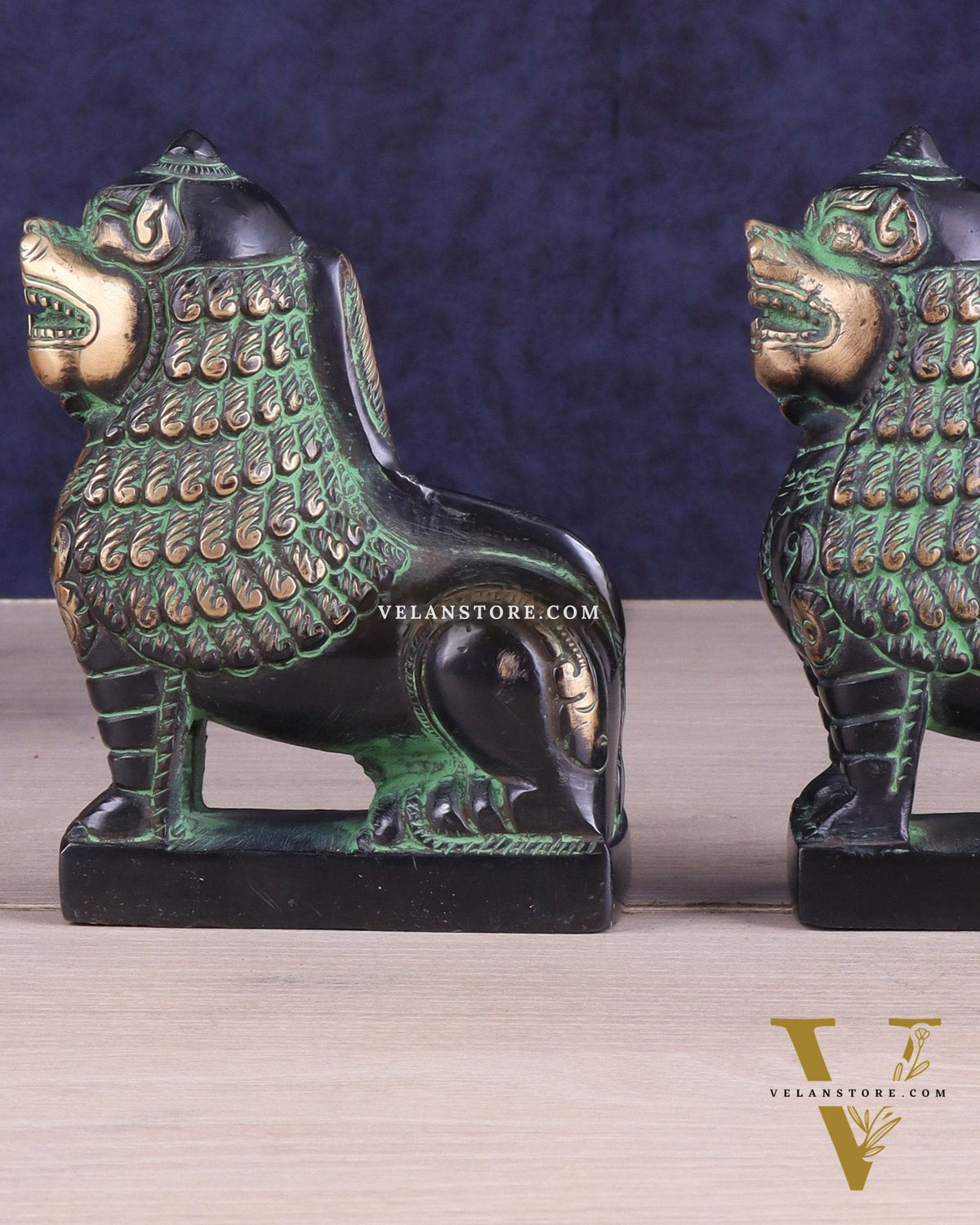 Brass Tibetan Snow Lion Pair – Antique Black & Green Finish