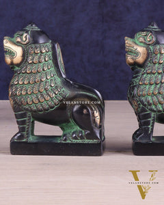 Brass Tibetan Snow Lion Pair – Antique Black & Green Finish