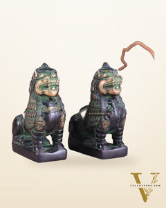 Brass Tibetan Snow Lion Pair – Antique Black & Green Finish