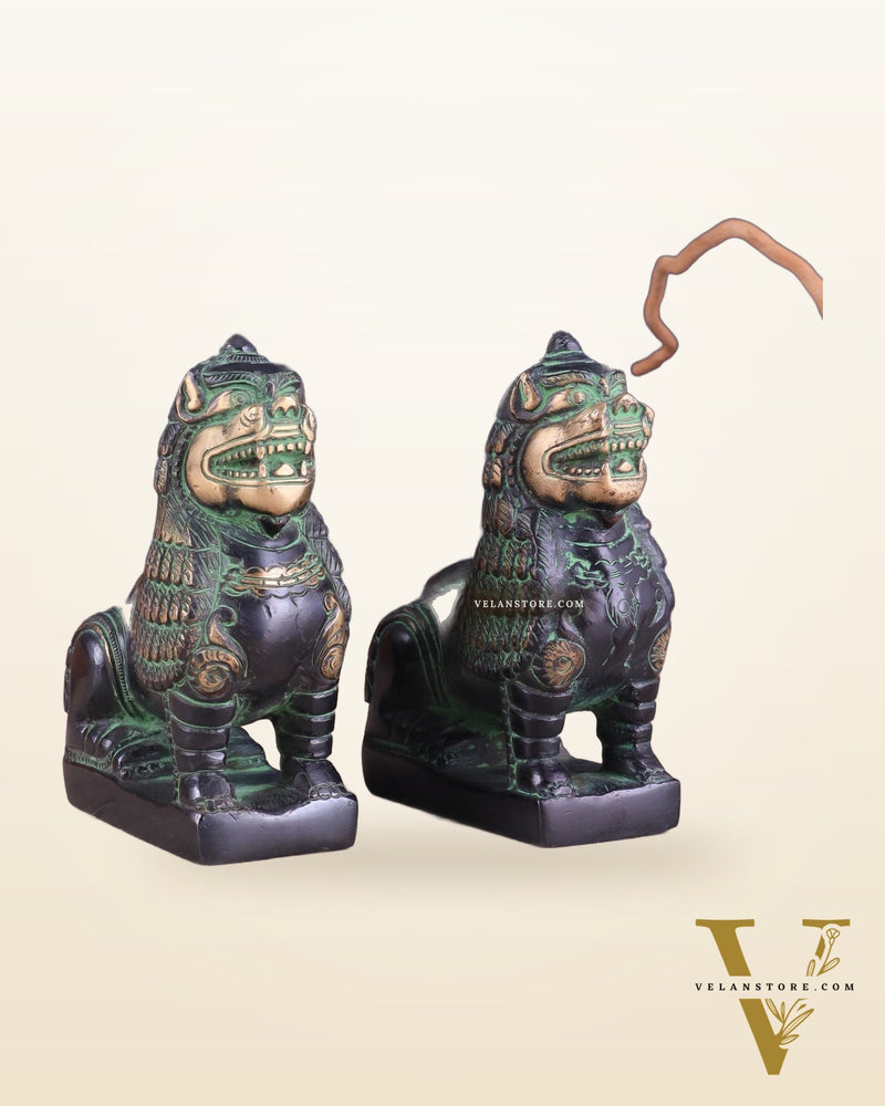 Brass Tibetan Snow Lion Pair – Antique Black & Green Finish