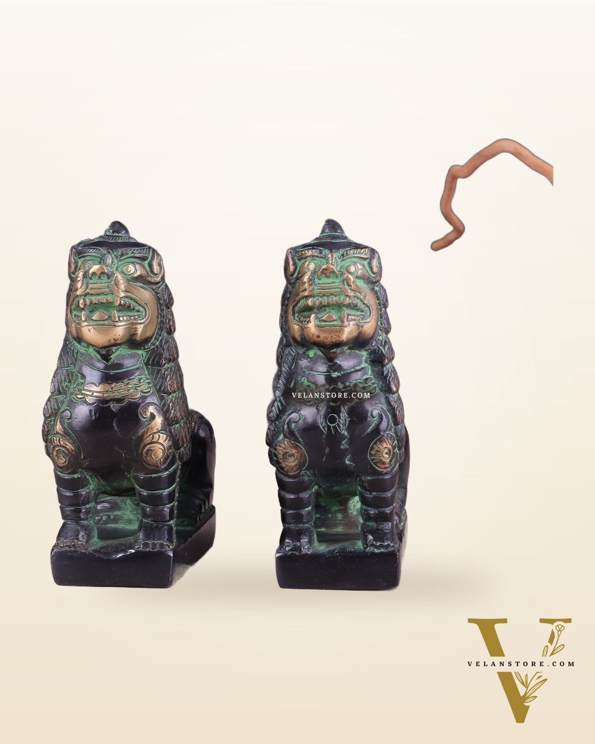 Brass Tibetan Snow Lion Pair – Antique Black & Green Finish