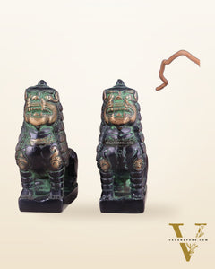 Brass Tibetan Snow Lion Pair – Antique Black & Green Finish