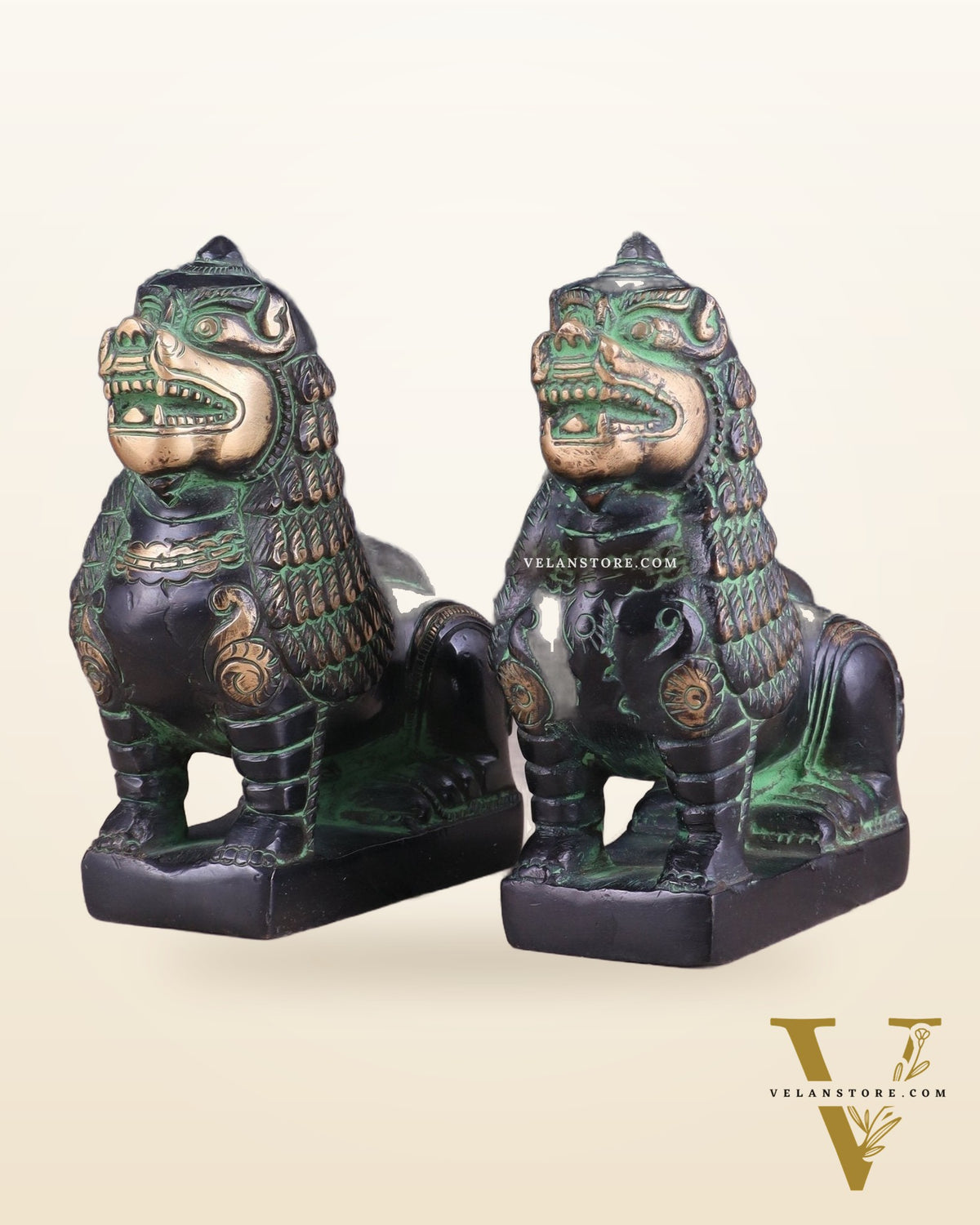 Brass Tibetan Snow Lion Pair – Antique Black & Green Finish