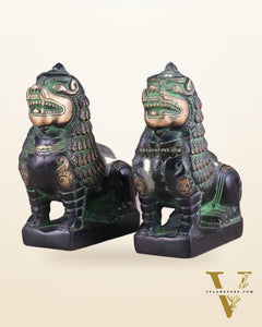 Brass Tibetan Snow Lion Pair – Antique Black & Green Finish