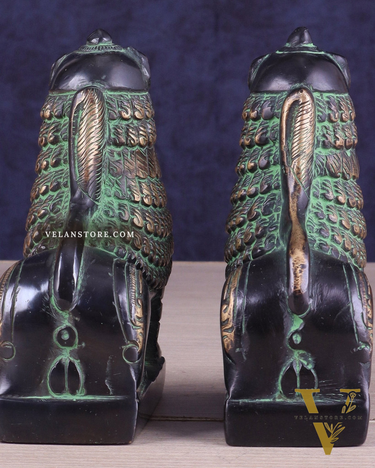 Brass Tibetan Snow Lion Pair – Antique Black & Green Finish