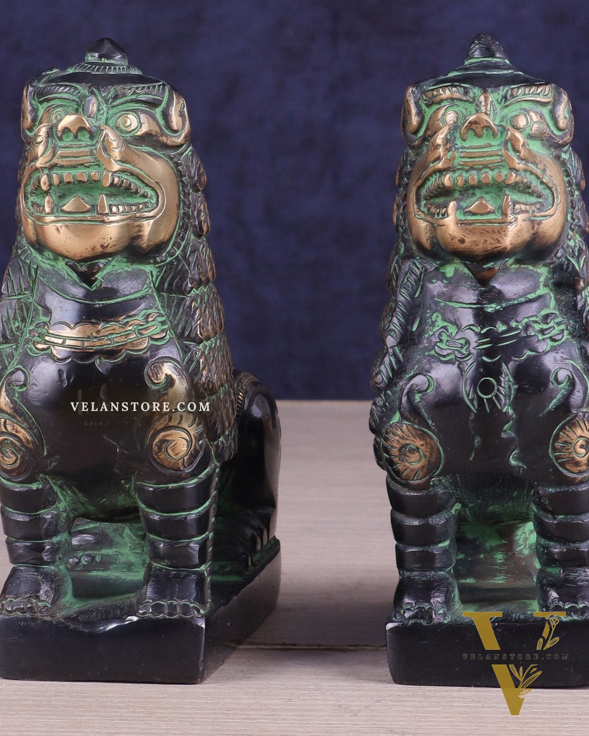 Brass Tibetan Snow Lion Pair – Antique Black & Green Finish