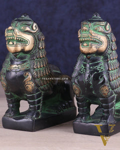 Brass Tibetan Snow Lion Pair – Antique Black & Green Finish