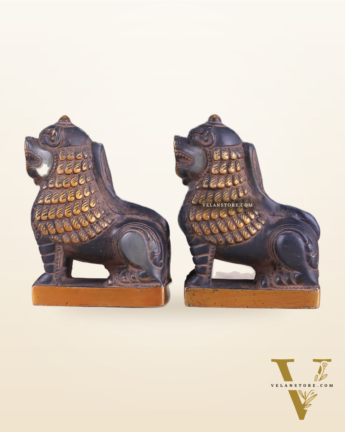 Brass Tibetan Snow Lion Pair – vintage Brass patina
