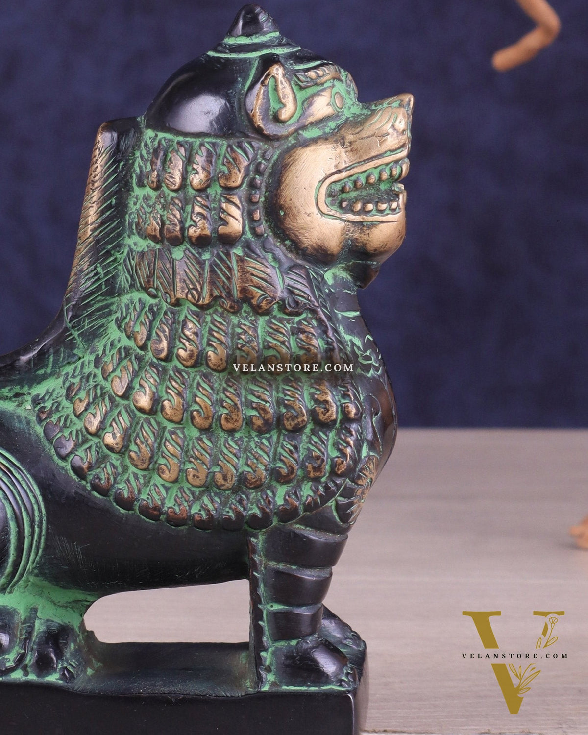 Brass Tibetan Snow Lion Showpiece – black and green tone