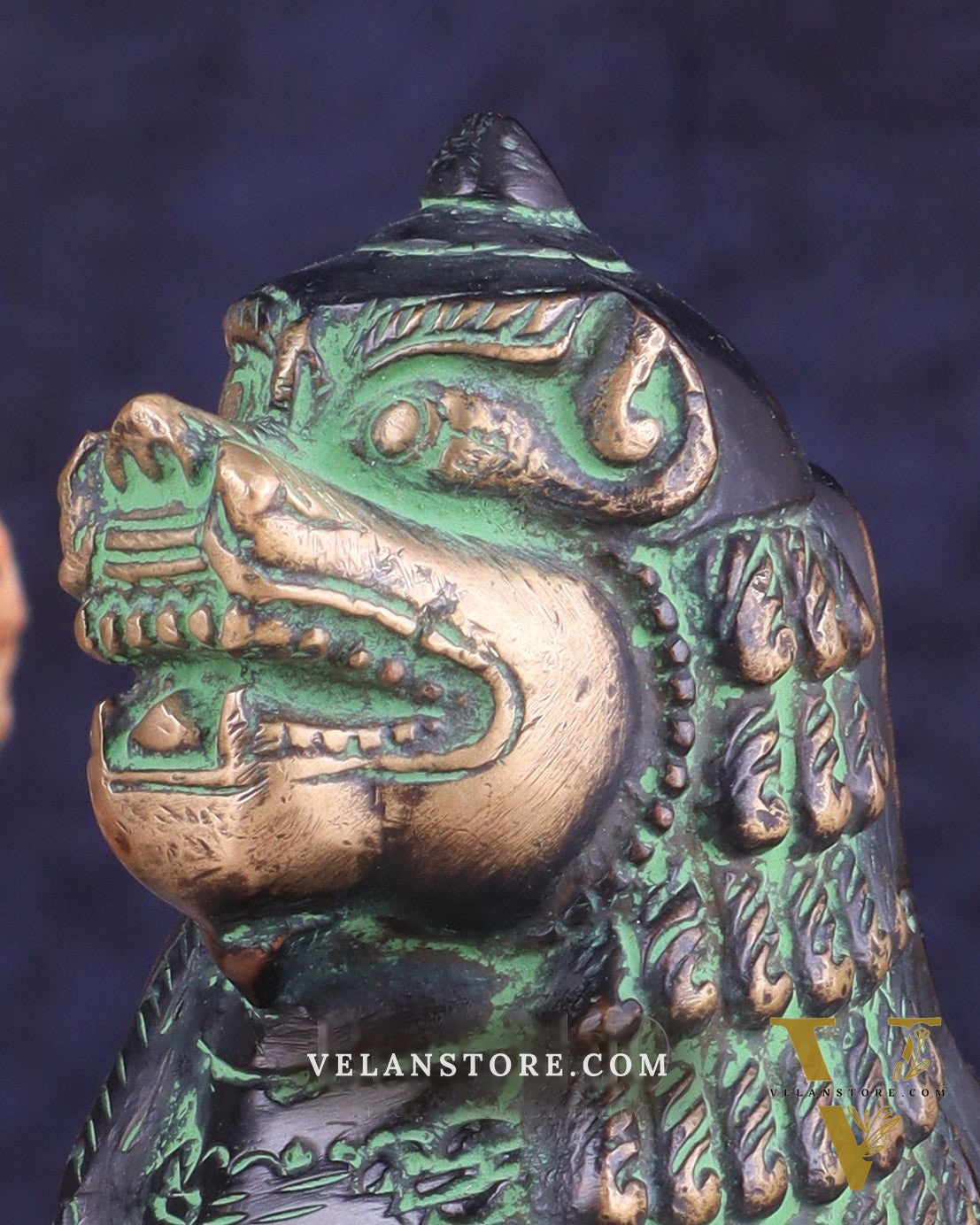 Brass Tibetan Snow Lion Showpiece – black and green tone