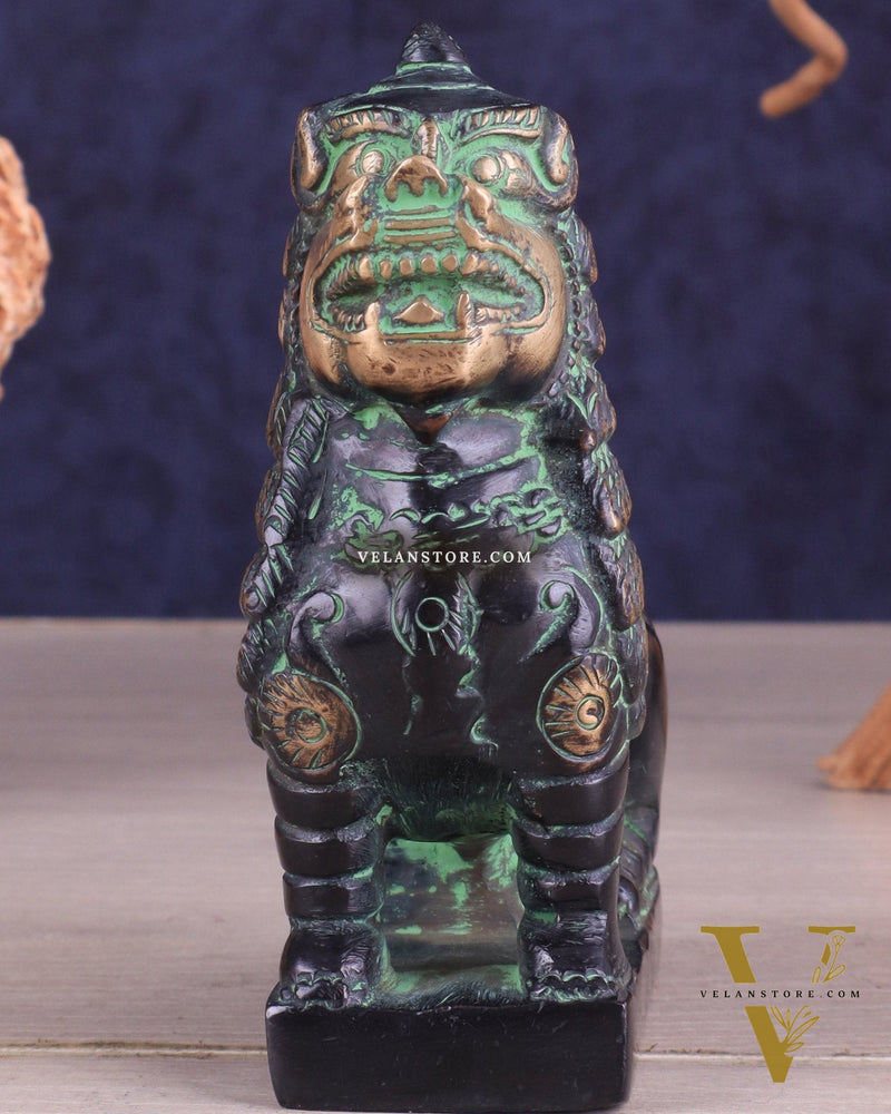 Brass Tibetan Snow Lion Showpiece – black and green tone
