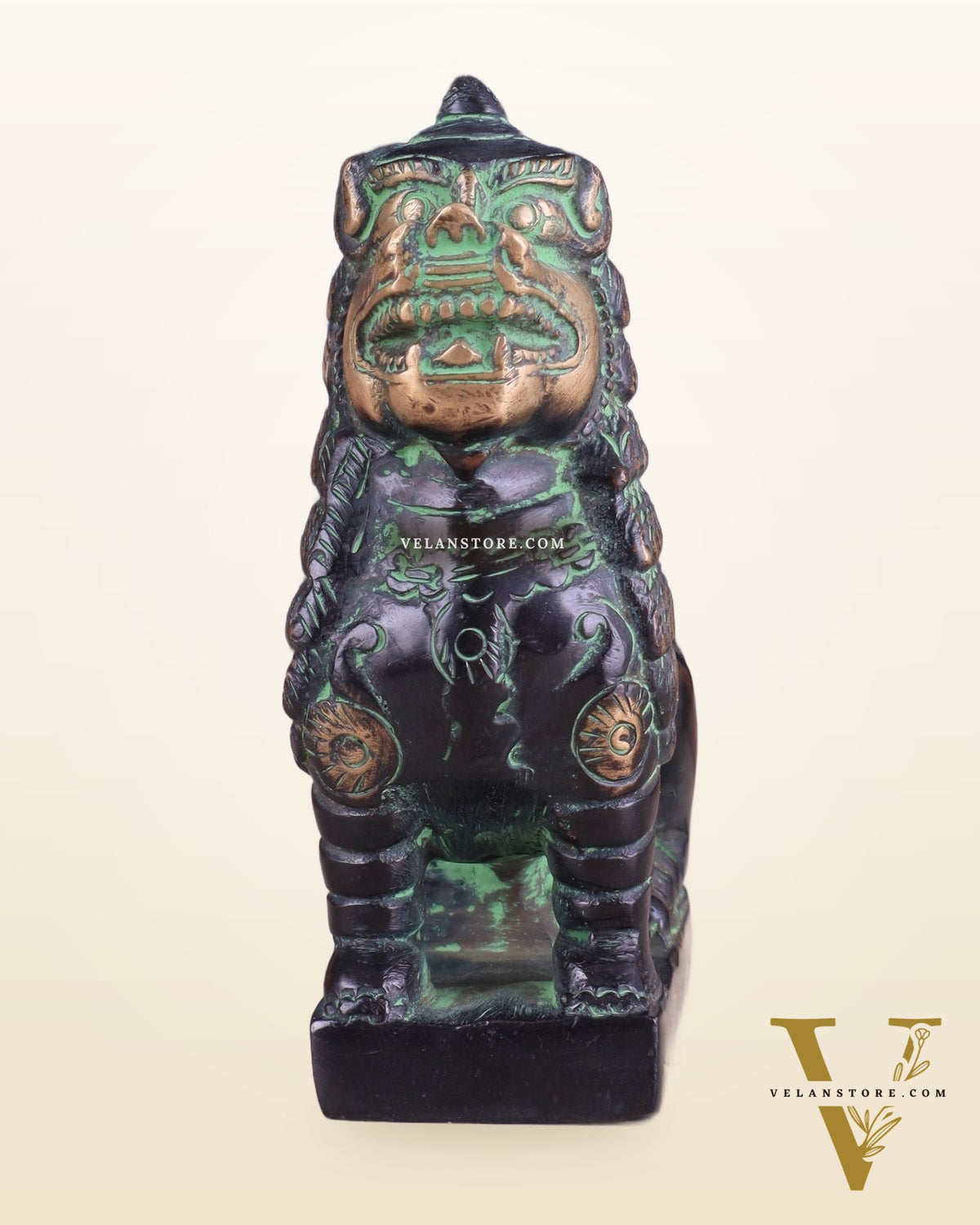 Brass Tibetan Snow Lion Showpiece – black and green tone