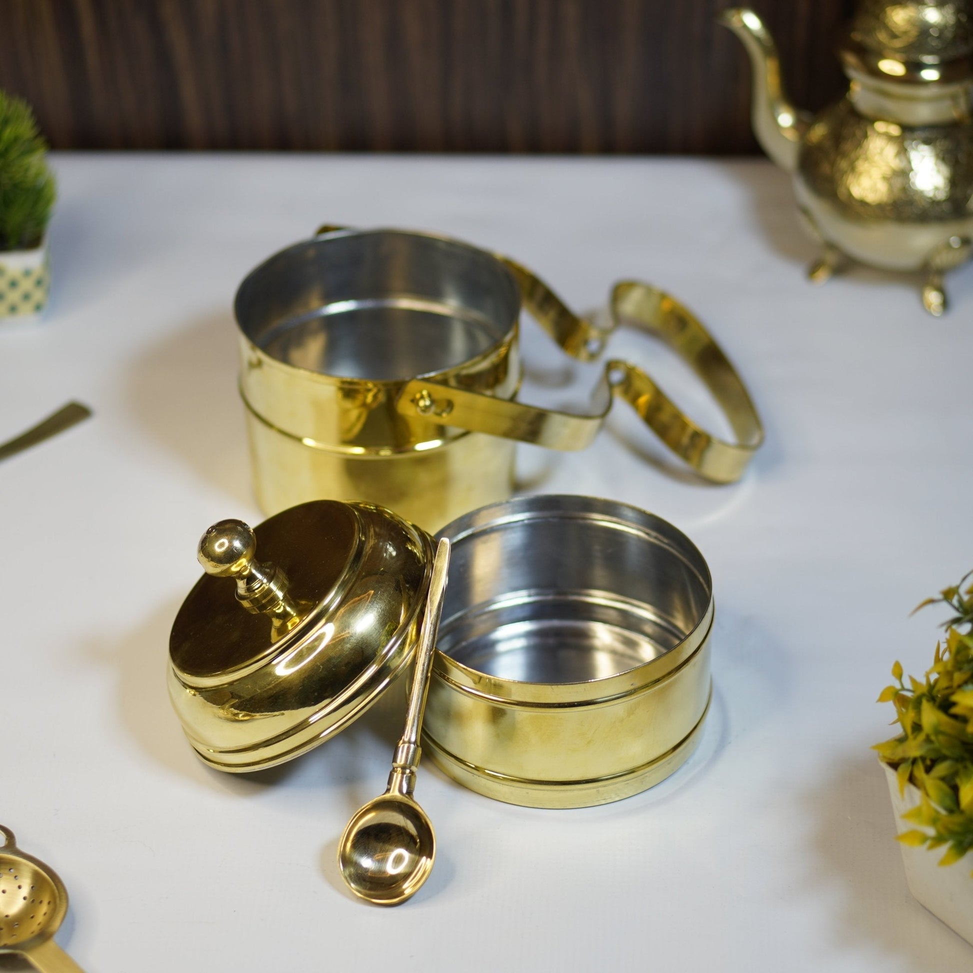 Brass Tiffin with spoon (2 compartment)