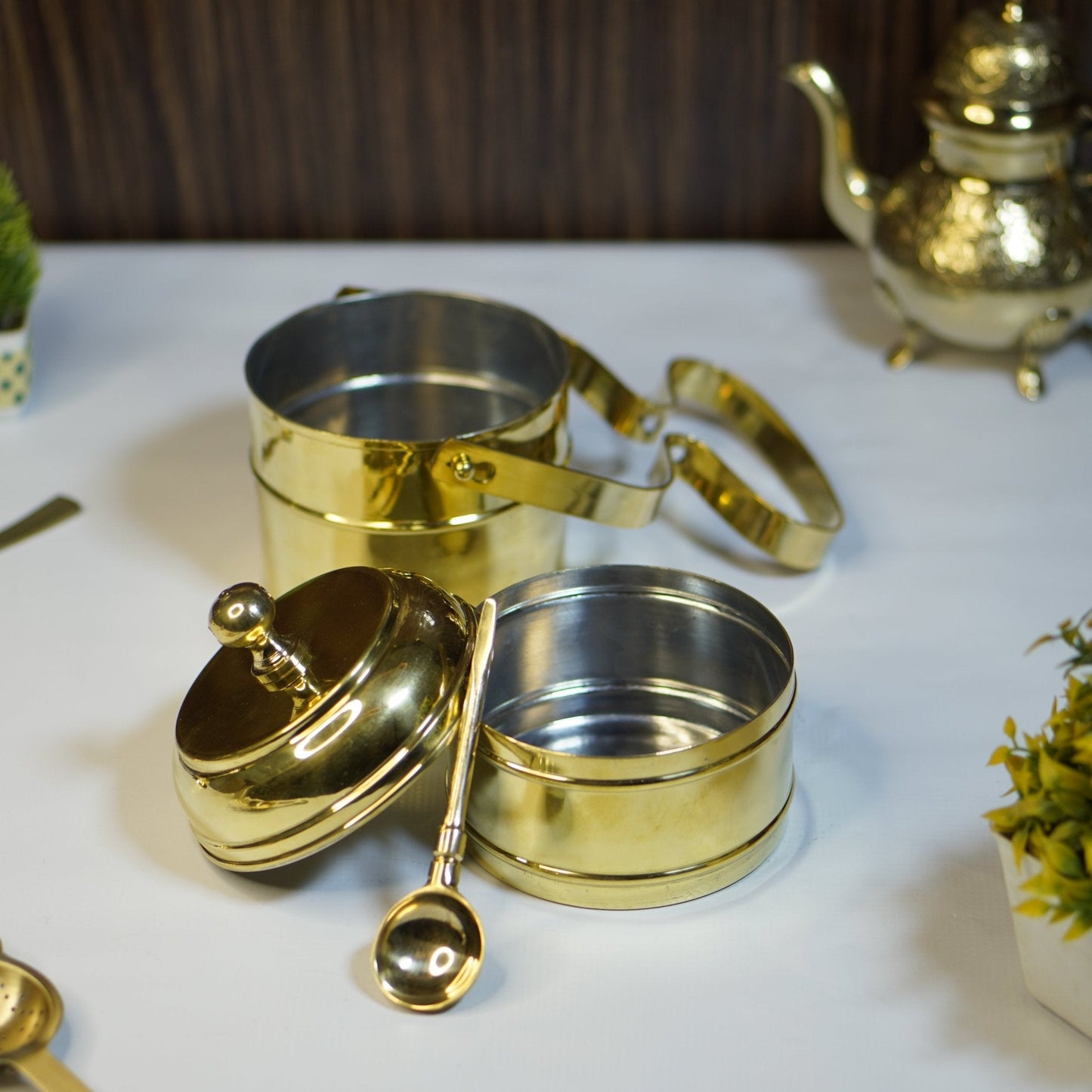Brass Tiffin with spoon (2 compartment)