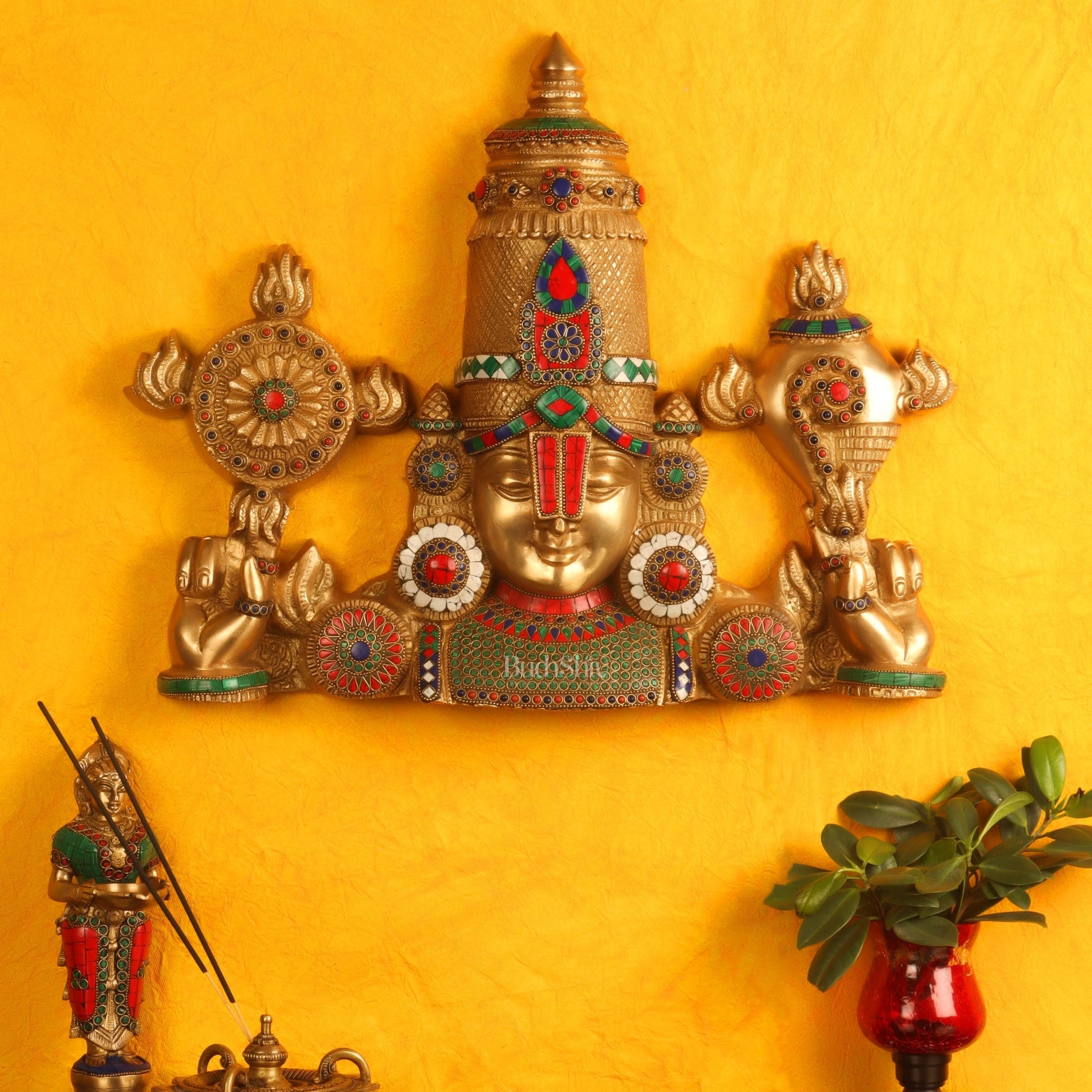 Tirupati Balaji Brass Wall Hanging with Meenakari Stonework 20 inch 15 inch tall