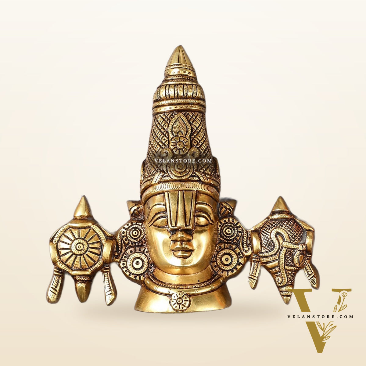 Brass Tirupati Balaji face with shankh and chakra wall hanging 7 "
