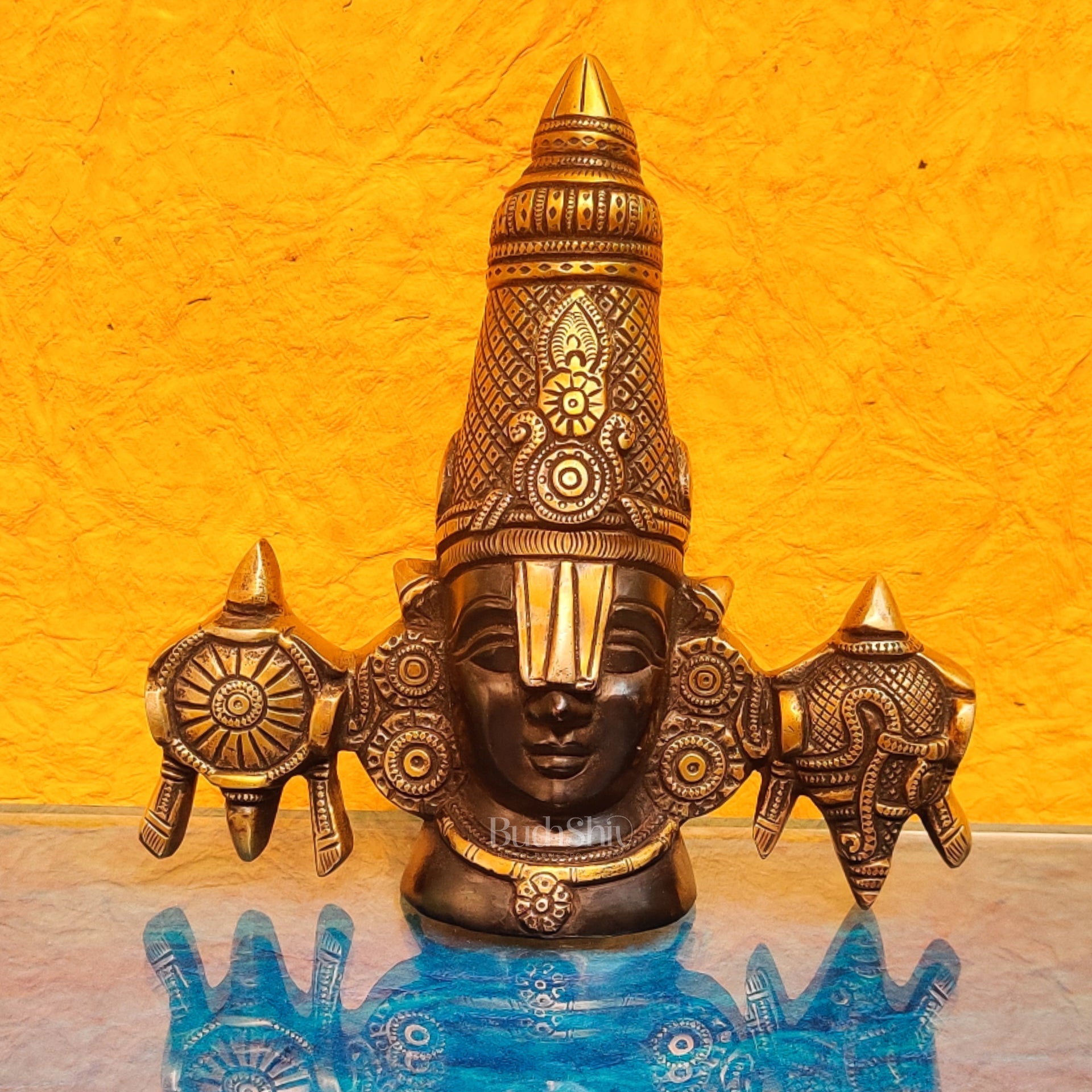 Brass Tirupati Balaji face with shankh and chakra wall hanging 7 "