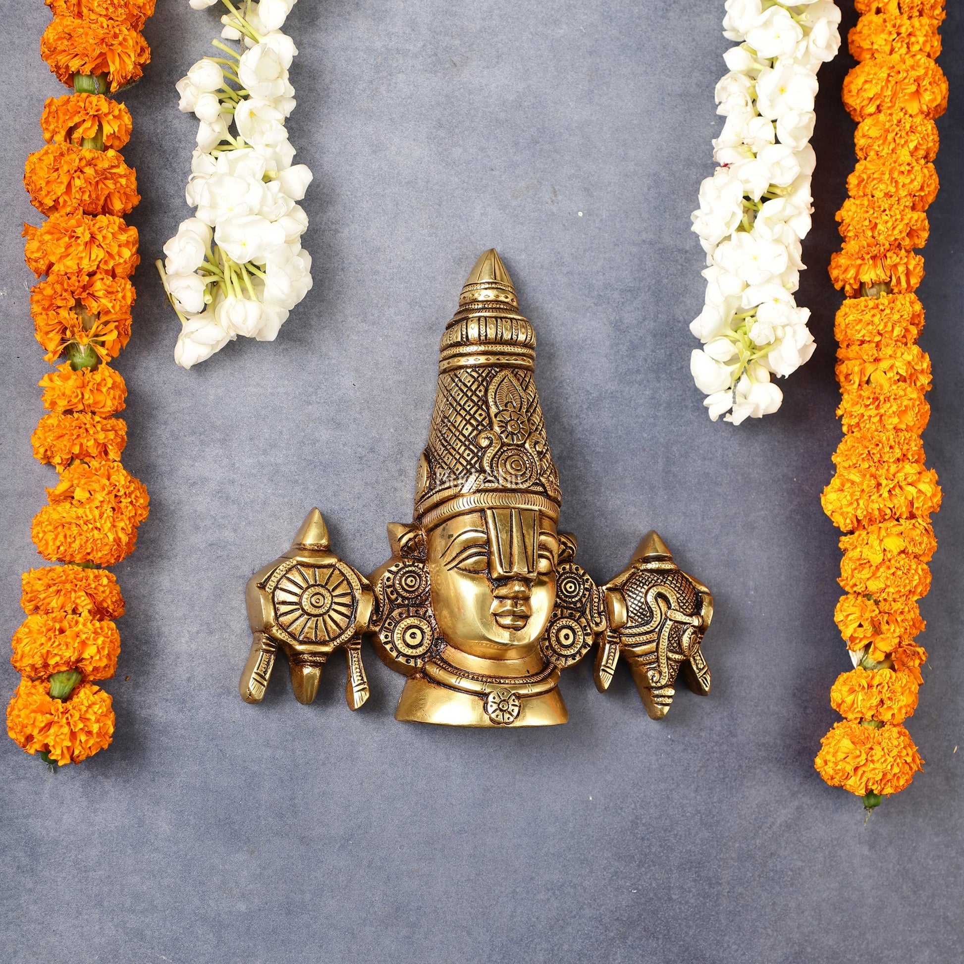 Brass Tirupati Balaji face with shankh and chakra wall hanging 7 "