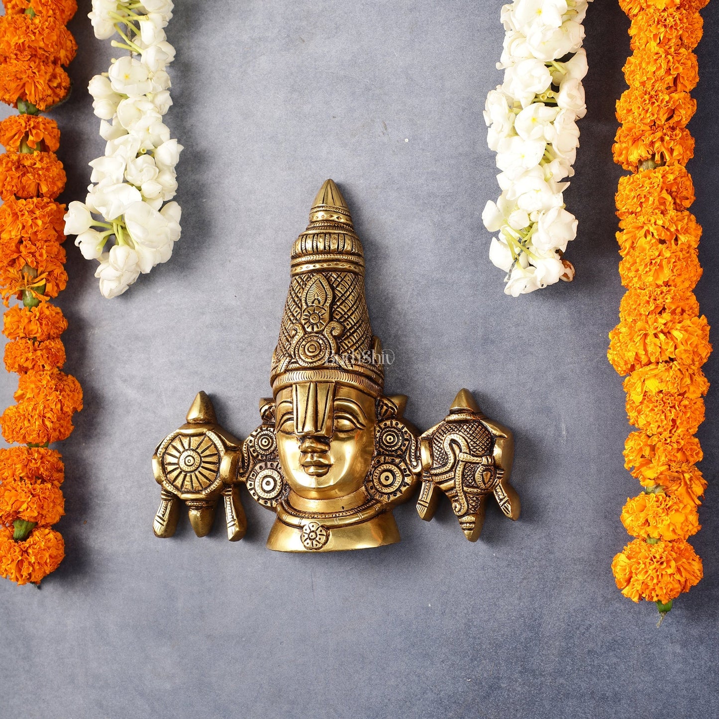 Brass Tirupati Balaji face with shankh and chakra wall hanging 7 "