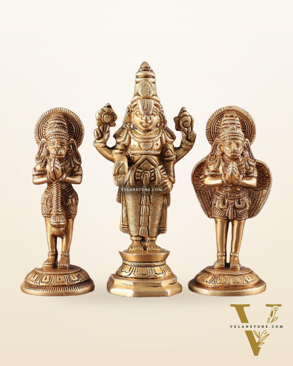 Brass Tirupati Balaji, Garuda, and Hanuman Trio – Divine Idols Set 5.5"