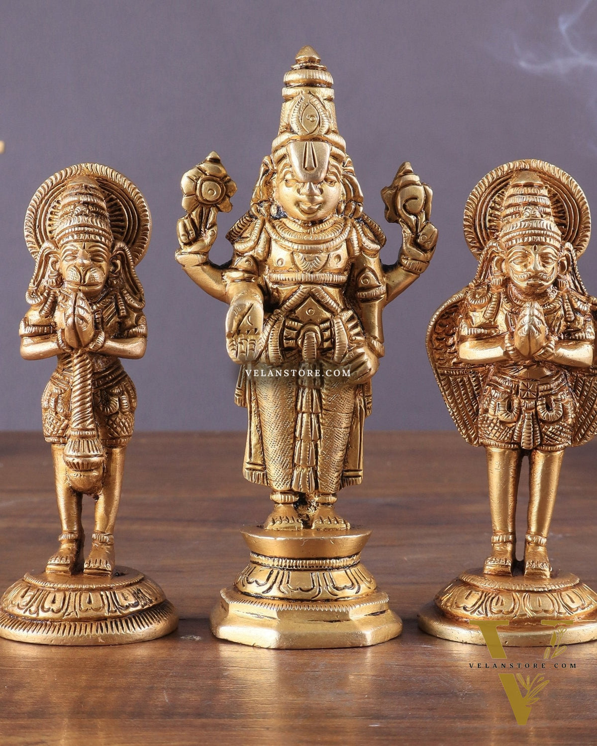 Brass Tirupati Balaji, Garuda, and Hanuman Trio – Divine Idols Set 5.5"