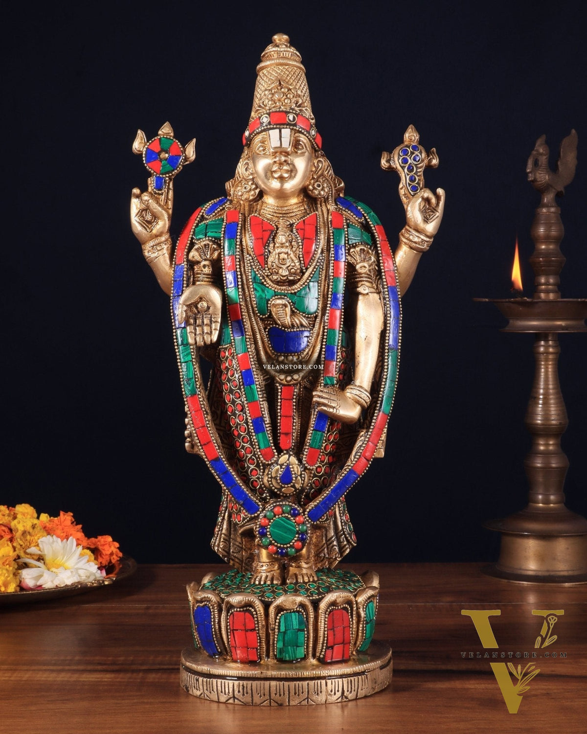 Brass Tirupati Balaji Lord Venkateshwara Swamy Statue - 16 Inch with stonework