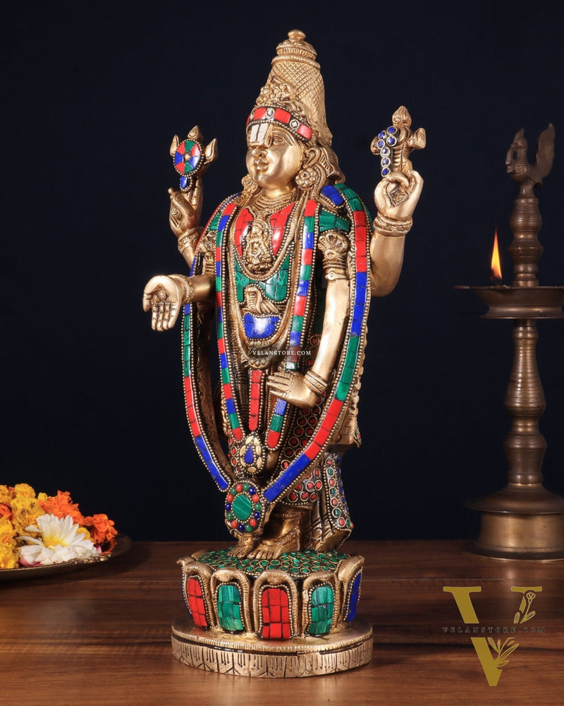 Brass Tirupati Balaji Lord Venkateshwara Swamy Statue - 16 Inch with stonework