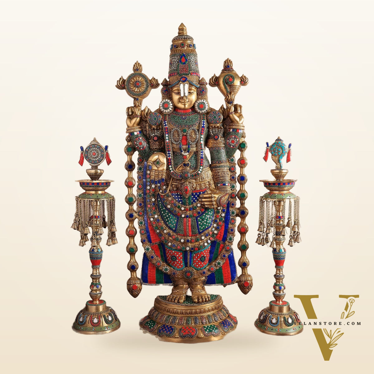 Brass Tirupati Balaji Set with Meenakari Stonework - 48" Statue & 30" Diyas