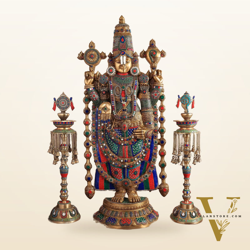 Brass Tirupati Balaji Set with Meenakari Stonework - 48" Statue & 30" Diyas