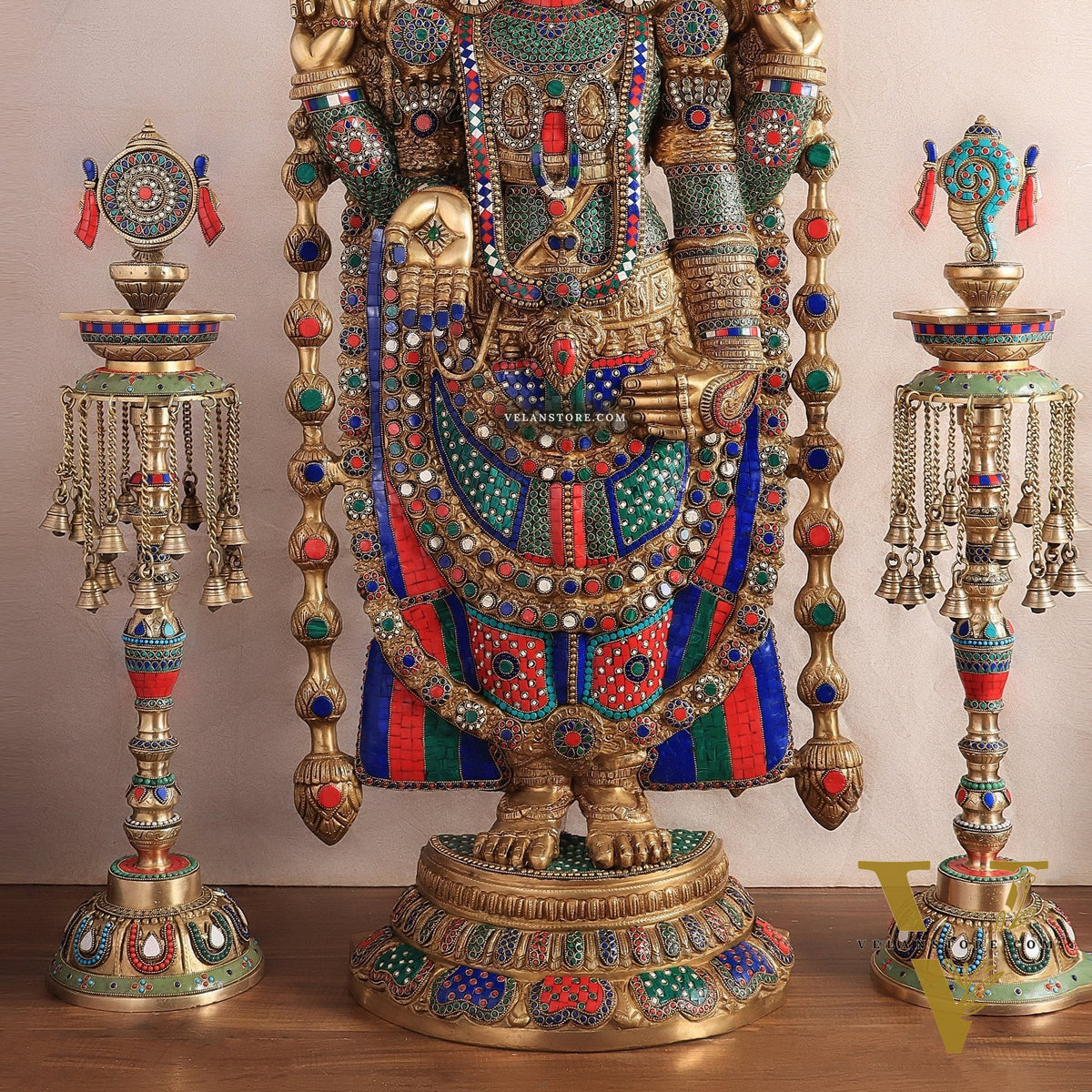Brass Tirupati Balaji Set with Meenakari Stonework - 48" Statue & 30" Diyas
