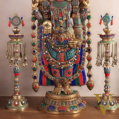 Brass Tirupati Balaji Set with Meenakari Stonework - 48" Statue & 30" Diyas