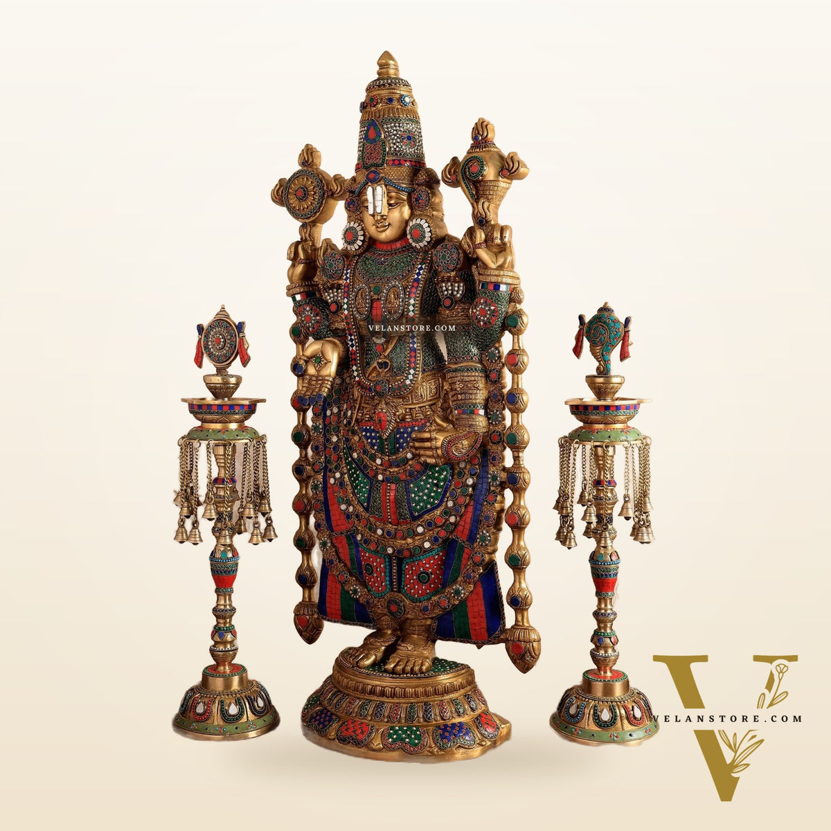 Brass Tirupati Balaji Set with Meenakari Stonework - 48" Statue & 30" Diyas