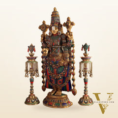 Brass Tirupati Balaji Set with Meenakari Stonework - 48" Statue & 30" Diyas