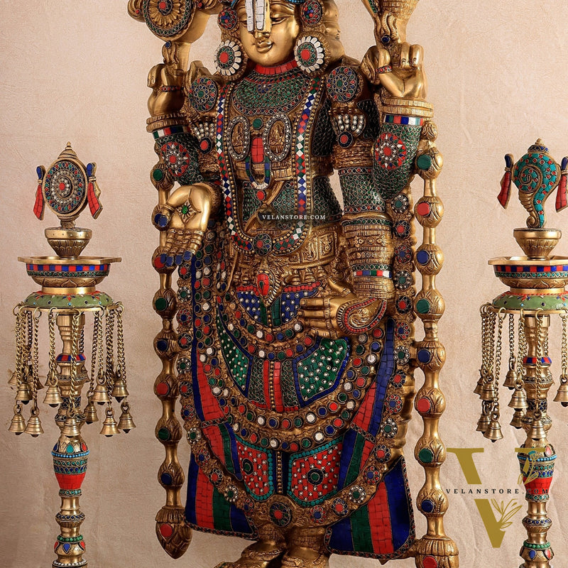 Brass Tirupati Balaji Set with Meenakari Stonework - 48" Statue & 30" Diyas