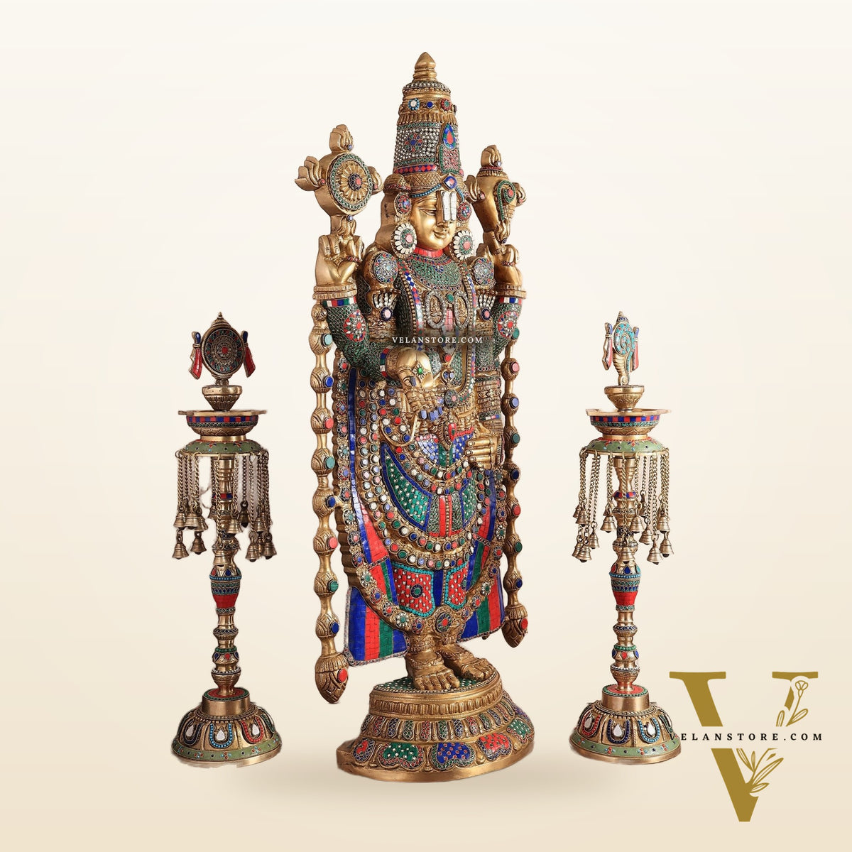 Brass Tirupati Balaji Set with Meenakari Stonework - 48" Statue & 30" Diyas