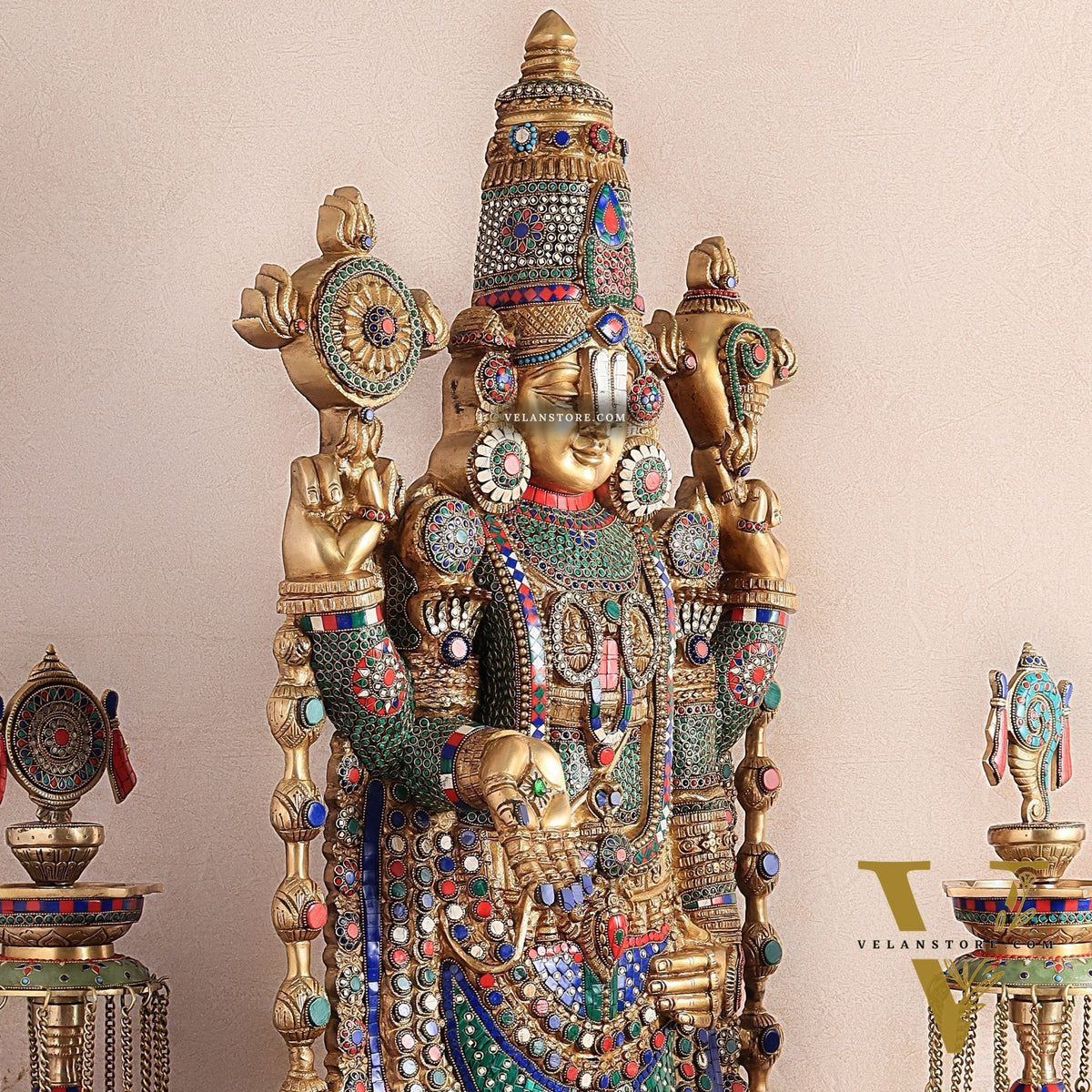 Brass Tirupati Balaji Set with Meenakari Stonework - 48" Statue & 30" Diyas